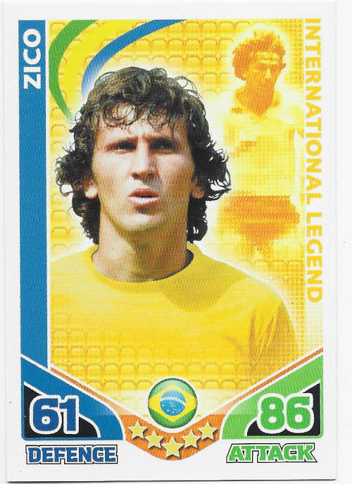 ZICO (Brazil) - TOPPS `MATCH ATTAX WORLD CUP 2010` - `INTERNATIONAL LEGEND` BASE TRADING CARD