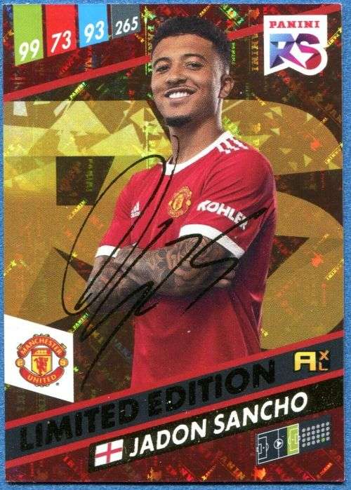JADON SANCHO - PANINI `FIFA 365 COLLECTION` 2021/22 - GOLD `LIMITED EDITION` AUTO TRADING CARD