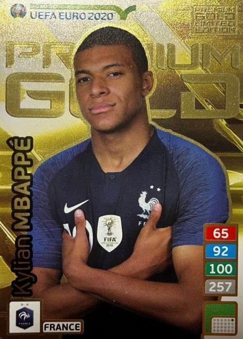 KYLIAN MBAPPE - PANINI `ROAD TO EURO 2020`  - PREMIUM GOLD `LIMITED EDITION` TRADING CARD