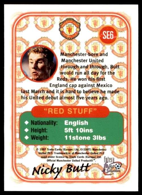 NICKY BUTT - MAN. UNITED `Futera Fans Selection 1997`  - `EMBOSSED` TRADING CARD SE6