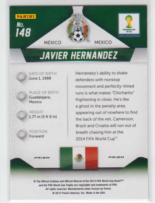JAVIER HERNANDEZ - PANINI PRIZM `FIFA WORLD CUP 2014` - `PRIZM PARALLEL` BASE TRADING CARD 148