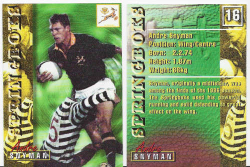 ANDRE SNYMAN - RUGBY 1997 COLLECTION by PANINI - `BASE` TRADING CARD 16