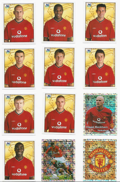 MANCHESTER UNITED FC - MERLIN Premier League Sticker collection 2001 - TEAM SET of 14 `STICKERS`
