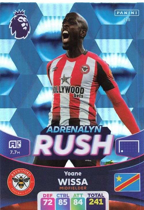 YOANE WISSA - PANINI English Premier League 2023/24 -FOIL `ADRENALYN RUSH` TRADING CARD 428