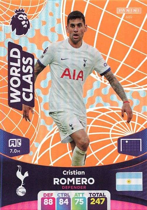 CRISTIAN ROMERO - PANINI English Premier League 2023/24 -FOIL `WORLD CLASS` TRADING CARD 449