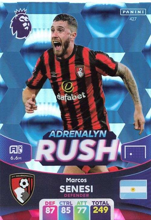 MARCOS SENESI - PANINI English Premier League 2023/24 -FOIL `ADRENALYN RUSH` TRADING CARD 427