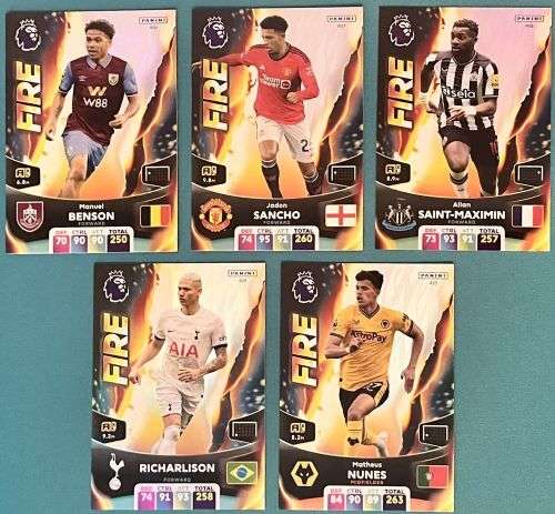 PANINI English Premier League 2023/24 - COMPLETE SET of 5 `FIRE` FOIL TRADING CARDS