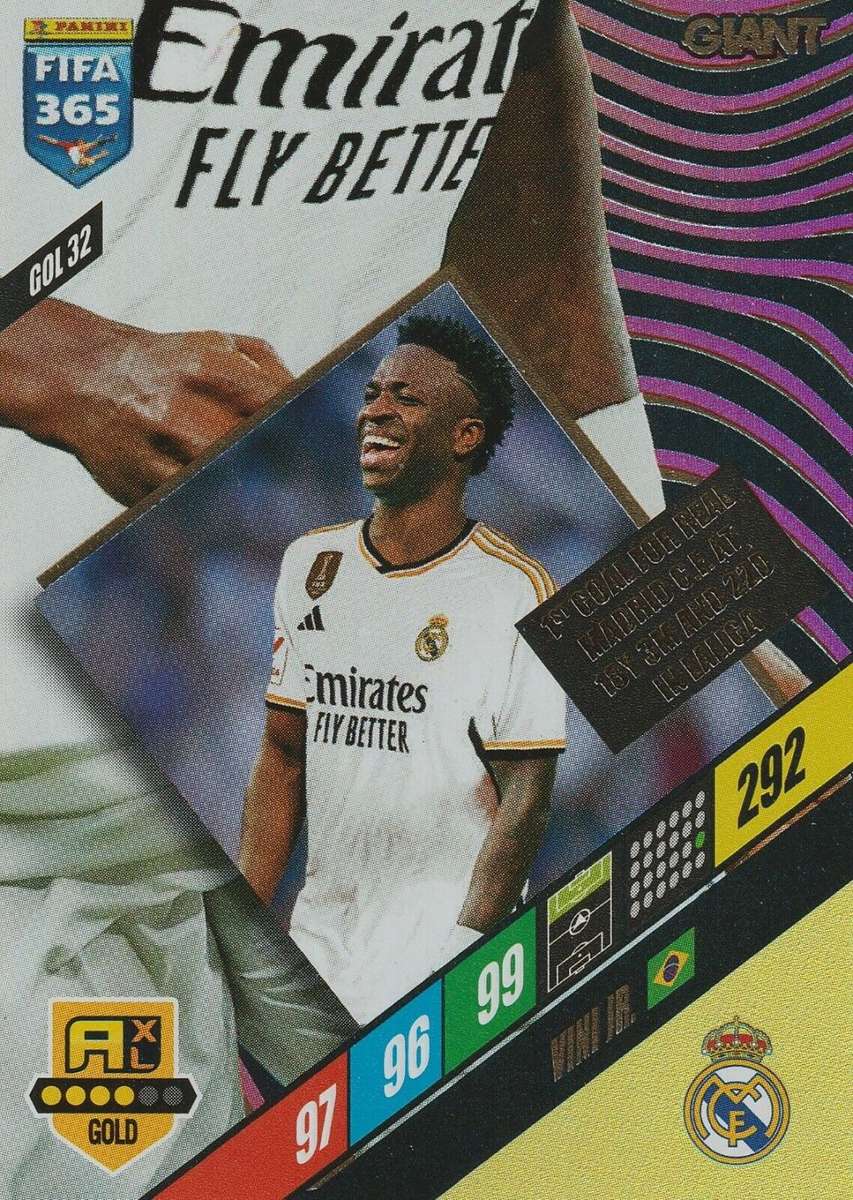 VINICIUS Jr - PANINI `FIFA 365 COLLECTION` 2024 - GOLD `GIANT` FOIL TRADING CARD GOL32