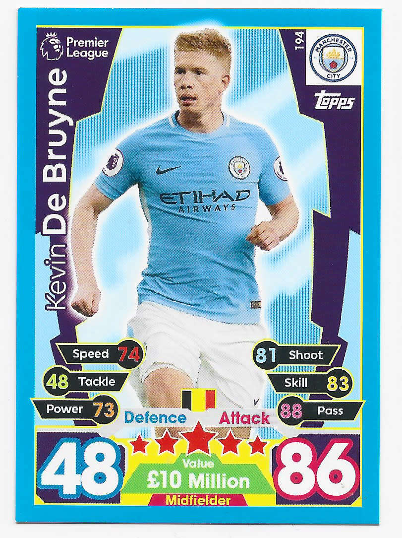 KEVIN DE BRUYNE - TOPPS `MATCH ATTAX EPL 2017/18 - BASE TRADING CARD