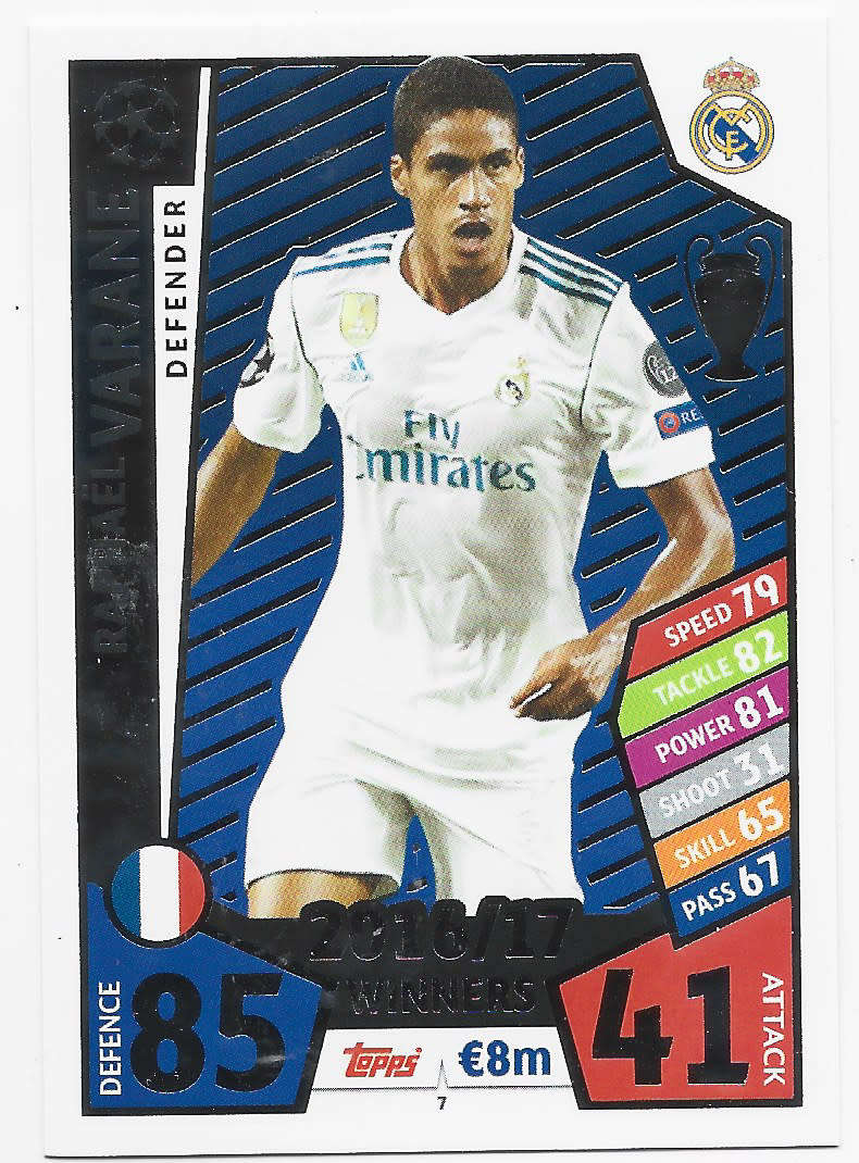 RAPHAEL VARANE - TOPPS CHAMPIONS LEAGUE 2017/18 - Real Madrid `WINNERS 2016/17` FOIL TRADING CARD 7