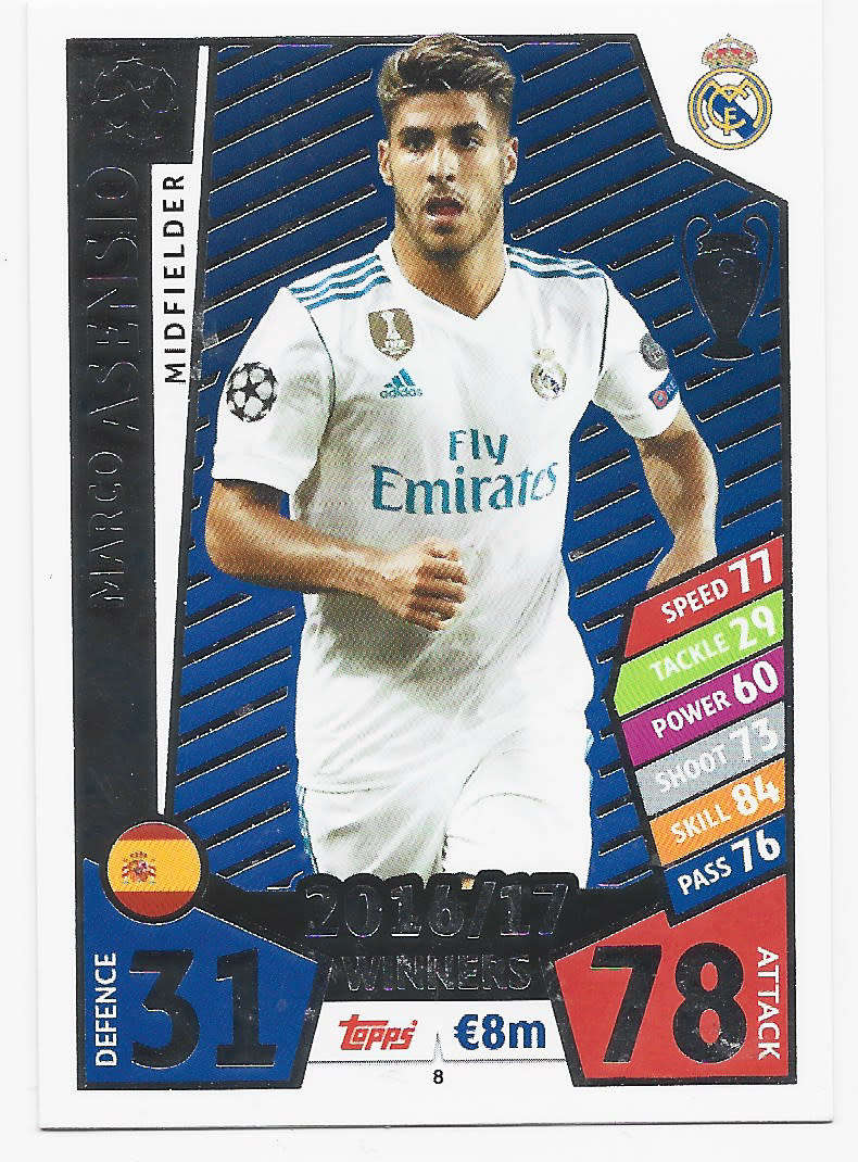 MARCO ASENSIO - TOPPS CHAMPIONS LEAGUE 2017/18 - Real Madrid `WINNERS 2016/17` FOIL TRADING CARD 8
