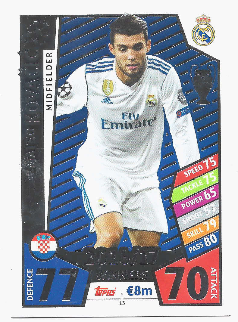 MATEO KOVACIC - TOPPS CHAMPIONS LEAGUE 2017/18 - Real Madrid `WINNERS 2016/17` FOIL TRADING CARD 13