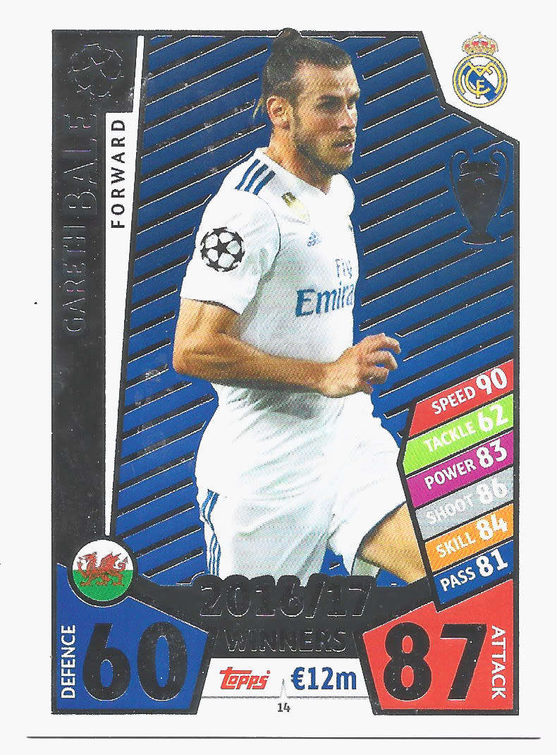 GARETH BALE - TOPPS CHAMPIONS LEAGUE 2017/18 - Real Madrid `WINNERS 2016/17` FOIL TRADING CARD 14