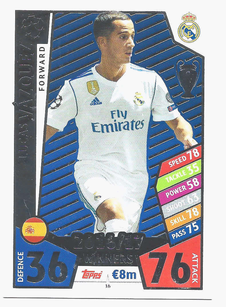 LUCAS VASQUEZ - TOPPS CHAMPIONS LEAGUE 2017/18 - Real Madrid `WINNERS 2016/17` FOIL TRADING CARD 16