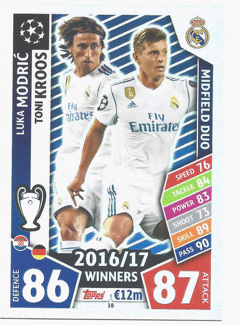 MODRIC/KROOS - TOPPS CHAMPIONS LEAGUE 2017/18 - Real Madrid `WINNERS 2016/17` FOIL TRADING CARD 18