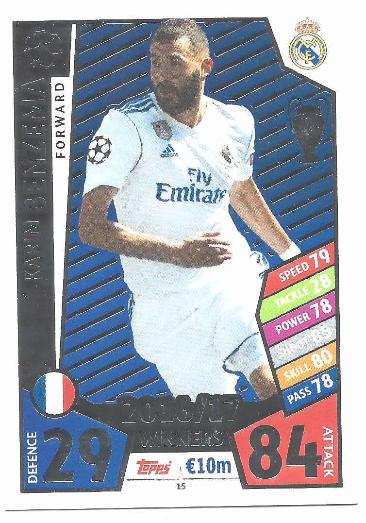 KARIM BENZEMA - TOPPS CHAMPIONS LEAGUE 2017/18 - Real Madrid `WINNERS 2016/17` FOIL TRADING CARD 15