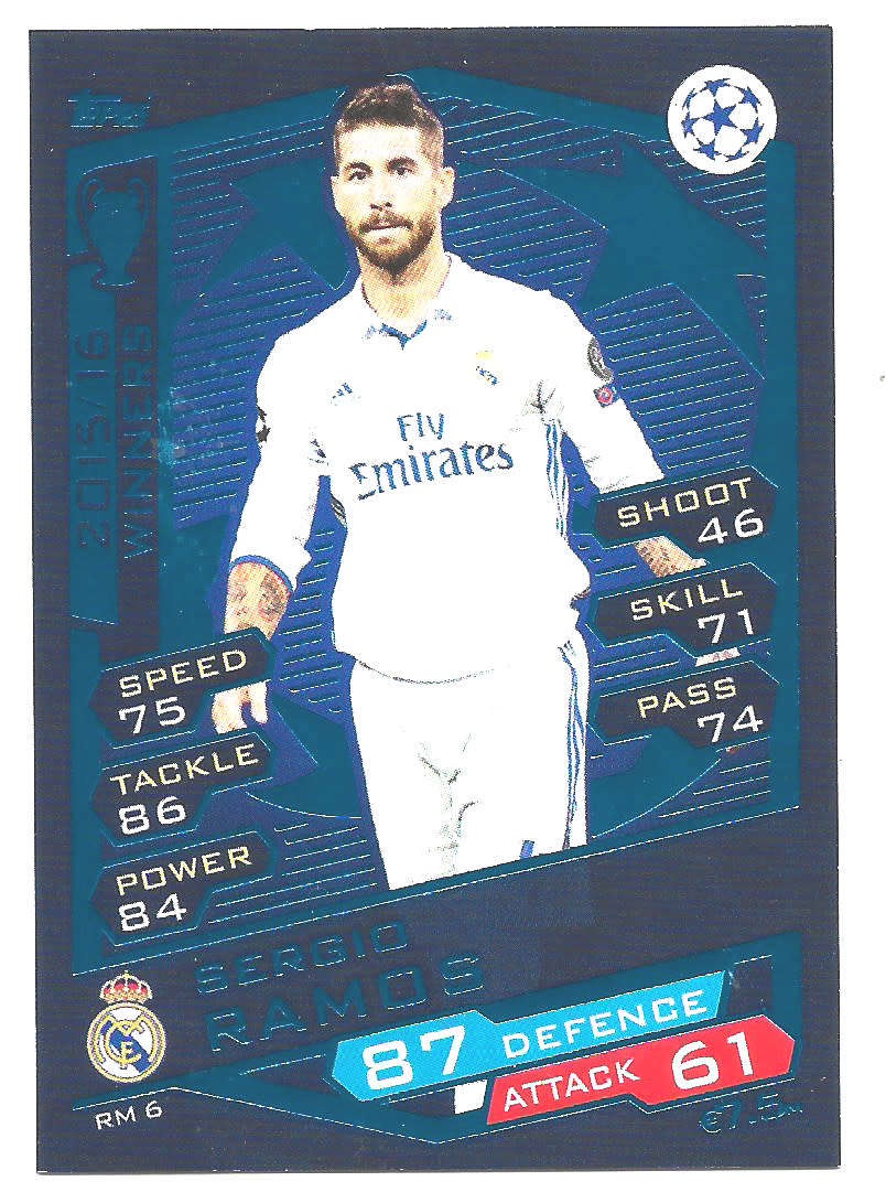 SERGIO RAMOS - TOPPS `CHAMPIONS LEAGUE` 2016/17 -  `WINNERS 2015/16` FOIL TRADING CARD RM6