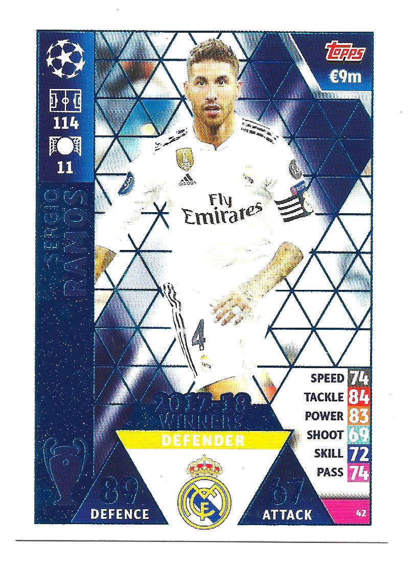 SERGIO RAMOS - TOPPS `CHAMPIONS LEAGUE` 2018/19 -  ROOKIE `WINNERS 2017/18` FOIL TRADING CARD 42