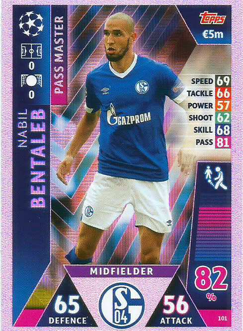 NABIL BENTALEB  - TOPPS `CHAMPIONS LEAGUE` 2018/19 -  `PASS MASTER` FOIL TRADING CARD 101