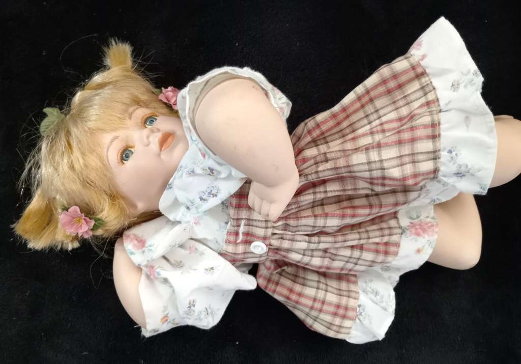 PORCELAIN ANTIQUE DOLL - 36cm TALL - RELAXING POSITION - Good Condition