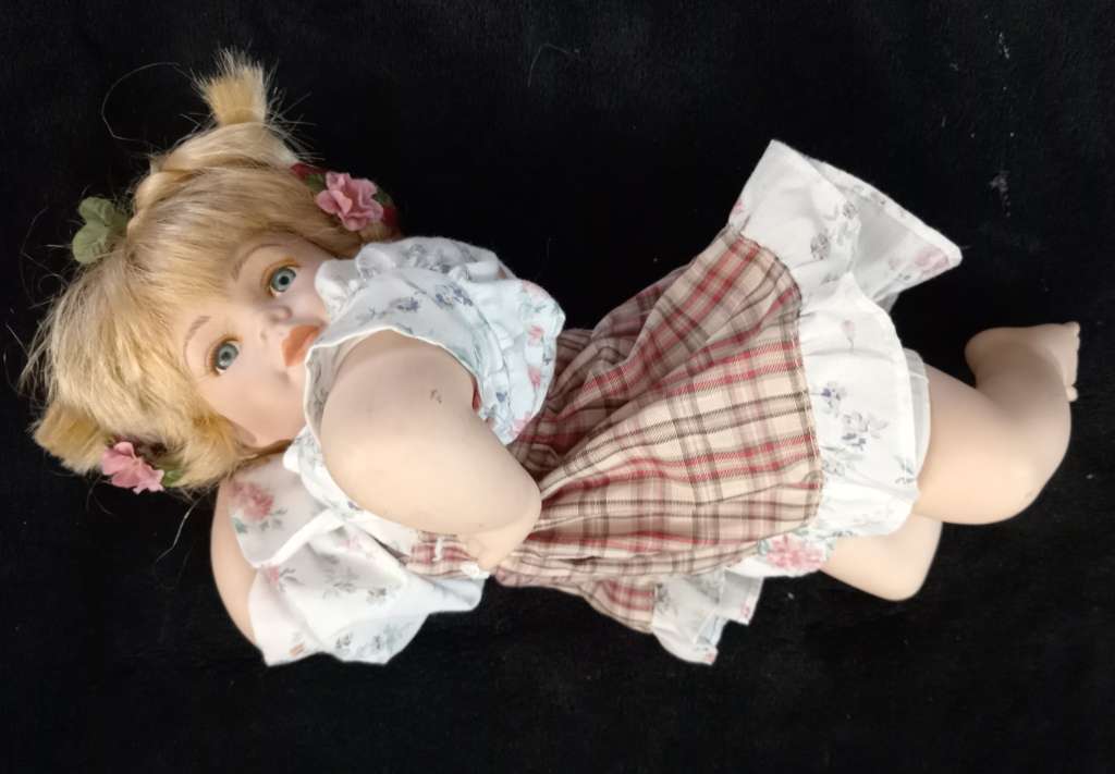 PORCELAIN ANTIQUE DOLL - 36cm TALL - RELAXING POSITION - Good Condition