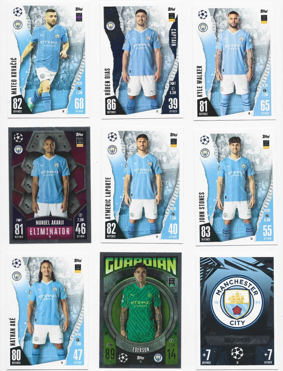 MANCHESTER CITY FC - TOPPS CHAMPIONS/EUROPA LEAGUE 2023/24 -  COMPLETE TEAM SET of 18 TRADING CARDS