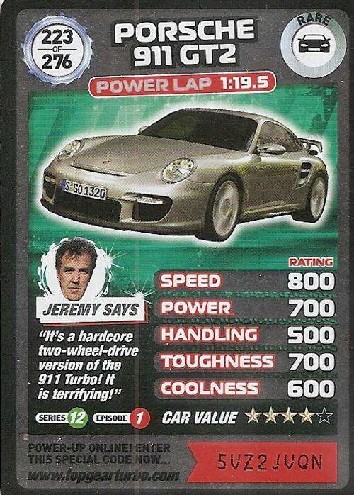 TOP GEAR TURBO CHALLENGE - PORCHE 911 GT2 (223) RARE CARD