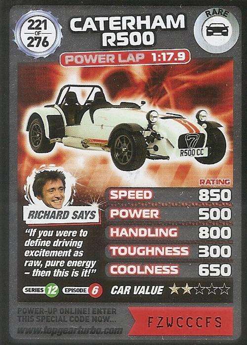 TOP GEAR TURBO CHALLENGE - CATERHAM R500 (221) RARE CARD