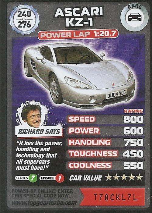 TOP GEAR TURBO CHALLENGE - ASCARI KZ-1 (240) RARE CARD