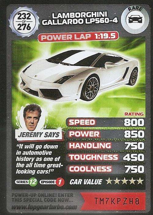 TOP GEAR TURBO CHALLENGE - LAMBORGHINI GALLARDO LP560 (232) RARE CARD