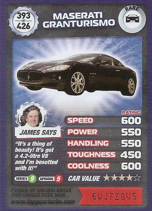 TOP GEAR TURBO CHALLENGE "EXTRA" - MASERATTI GRANTURISMO "RARE" CARD 393