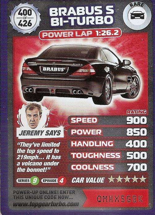 TOP GEAR TURBO CHALLENGE "EXTRA" - BRABUS S BI-TURBO "RARE" CARD 400