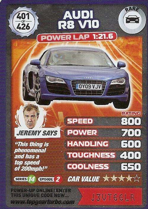 TOP GEAR TURBO CHALLENGE "EXTRA" - AUDI R8 V10 "RARE" CARD 401