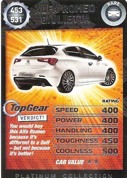TOP GEAR TURBO CHALLENGE PLATINUM - ALFA ROMEO GUILIETTA `RARE` 453 CARD