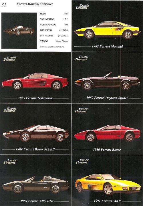 EXOTIC DREAM CARS 1992 - "RARE" SET OF 10 "FERRARI" DREAM CARS CARDS
