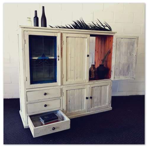 A stylish Shabby-chic cabinet w/ amazing stained glass door & white paint technique