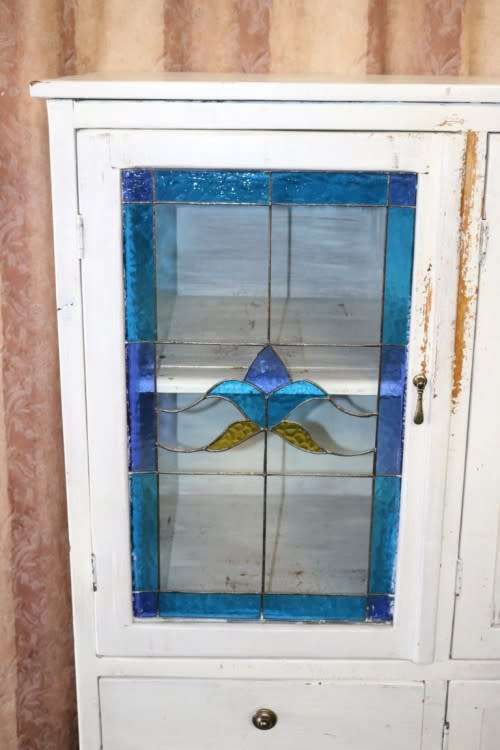A stylish Shabby-chic cabinet w/ amazing stained glass door & white paint technique