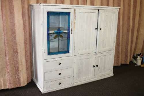 A stylish Shabby-chic cabinet w/ amazing stained glass door & white paint technique
