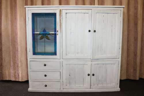 A stylish Shabby-chic cabinet w/ amazing stained glass door & white paint technique