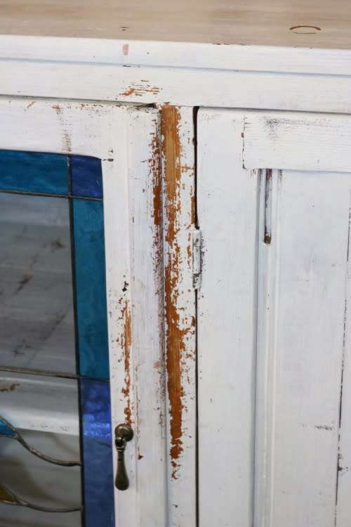 A stylish Shabby-chic cabinet w/ amazing stained glass door & white paint technique