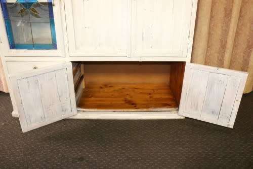 A stylish Shabby-chic cabinet w/ amazing stained glass door & white paint technique