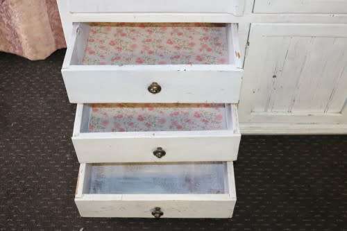 A stylish Shabby-chic cabinet w/ amazing stained glass door & white paint technique