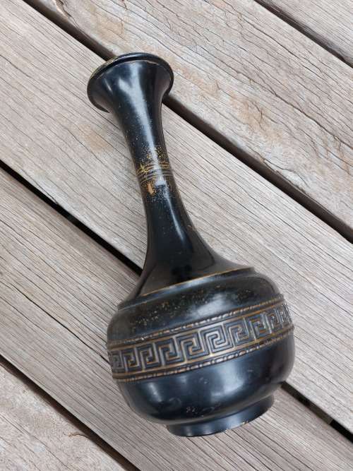 Vintage Brass Etched Engraved Painted Metal Vase Made In England - Collectors item