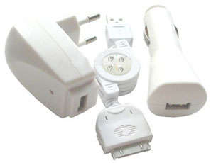 3-in-1 iPhone/iPod Charging Kit - Car Charger, AC Power Charger, Retractable USB Cable