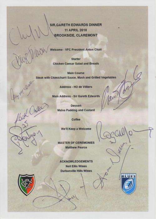 Sir Gareth Edwards dinner menu (signed)