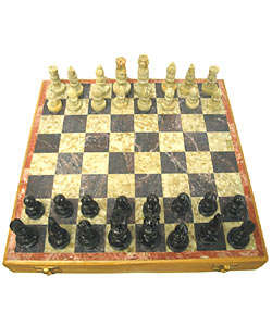 ANTIQUE LARGE 10-INCH HAND CARVED STONE & MARBLE CHESS SET