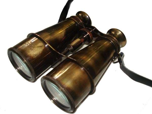 ANTIQUATED BRASS NAUTICAL BINOCULARS IN HORSE-LEATHER CASE