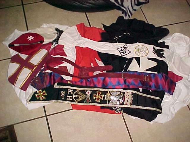 HUGE FREE MASON COLLECTION CLOTHING SASHES BELTS CAPS CLOAKS ETC.