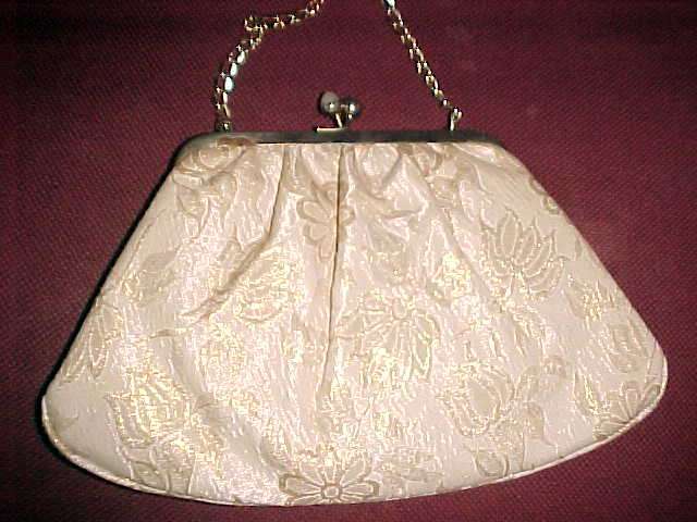 VERY OLD CLOTH CREAM AND GOLD EVENING BAG WITH CHAIN HANDLE