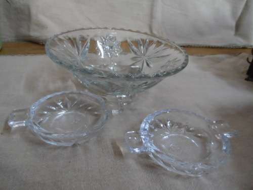 Beautiful rose cut glass bon bon dish and 2 small ashtrays